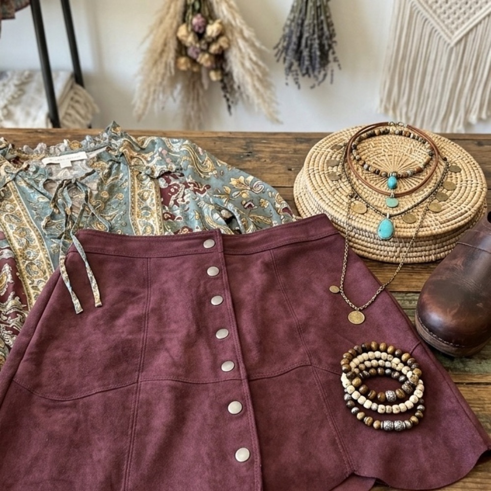 American Eagle Outfitters Burgundy Button-Front Suede Skirt- size 2